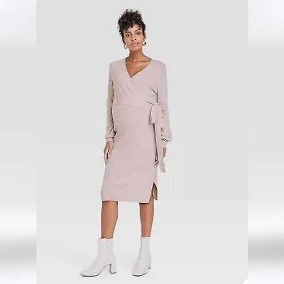 Long Sleeve Tie-Front Maternity Sweater Dress - Picture 1 of 3